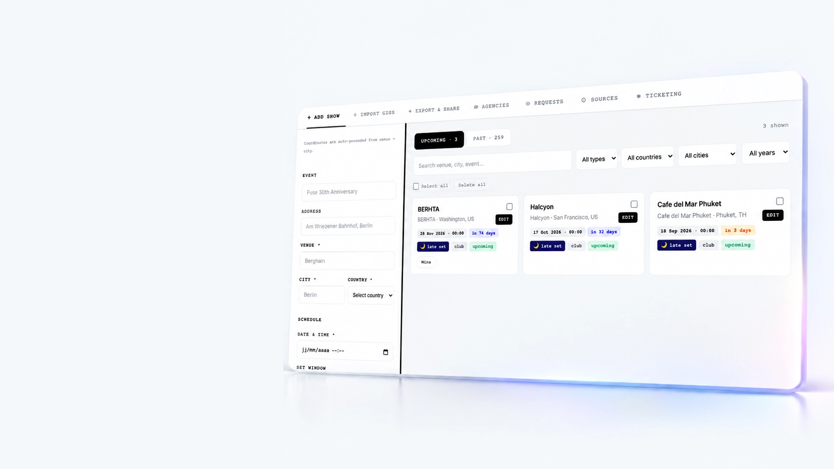 Add show panel with the event form on the left and the list of upcoming gigs on the right