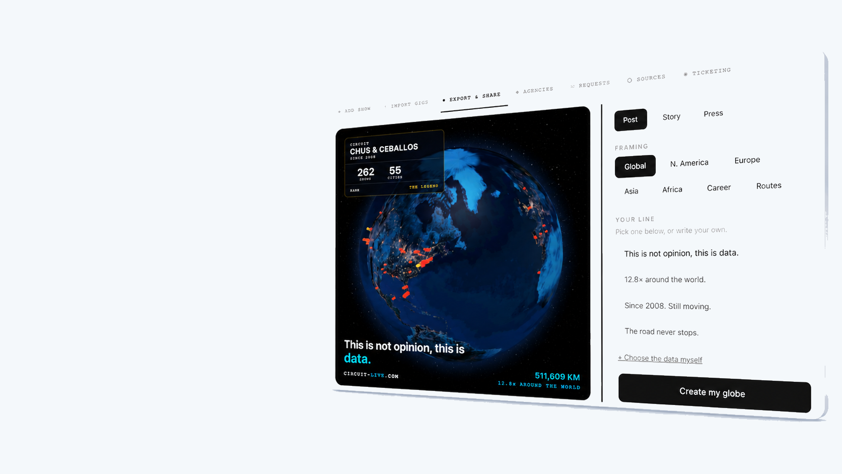 Export and share panel with a shareable globe on the left and the framing options on the right