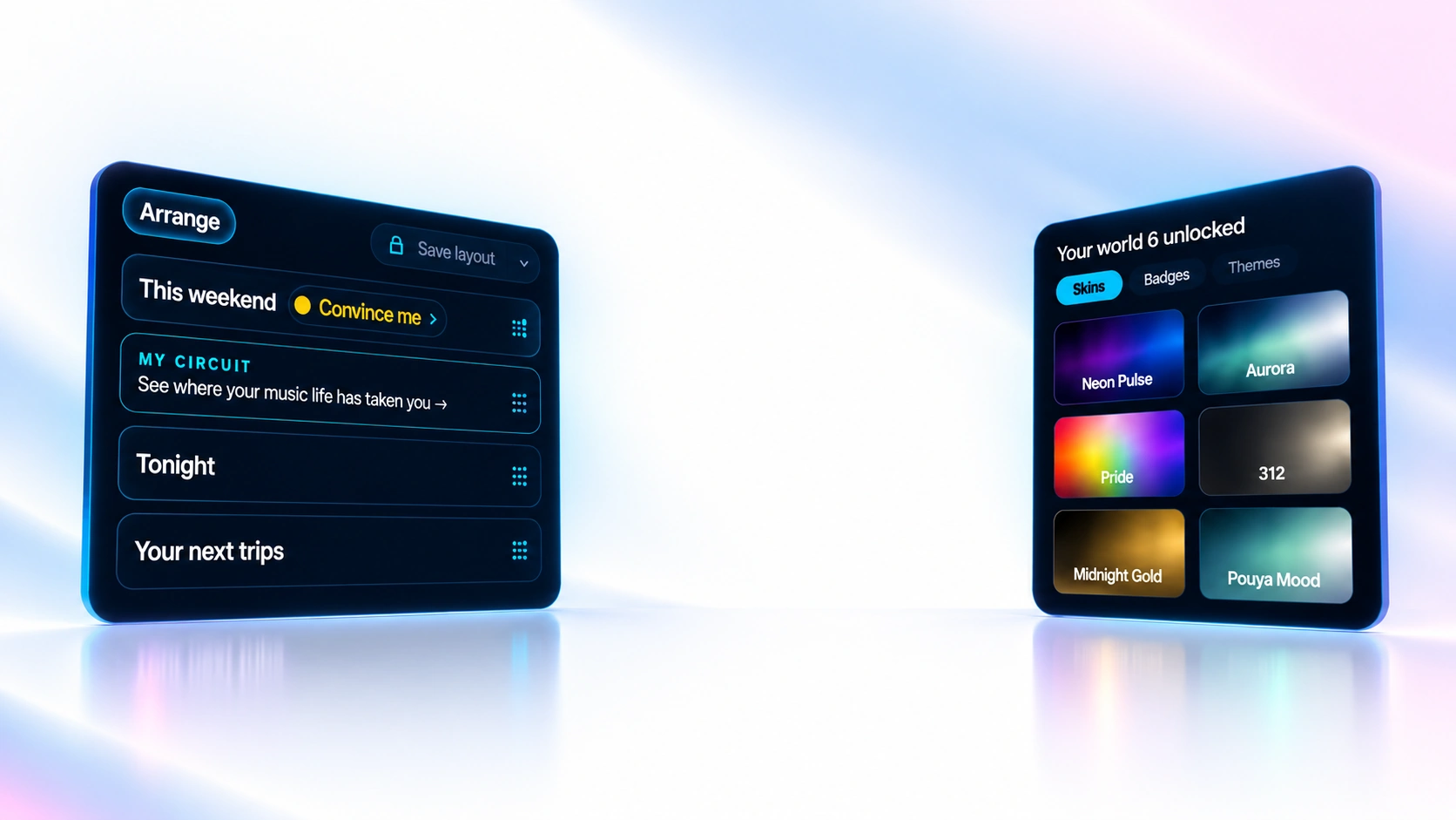 Arrange mode with draggable modules and the unlocked skins panel