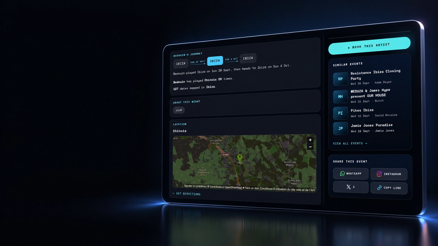 Event page showing an artist's journey, the venue location and the booking action