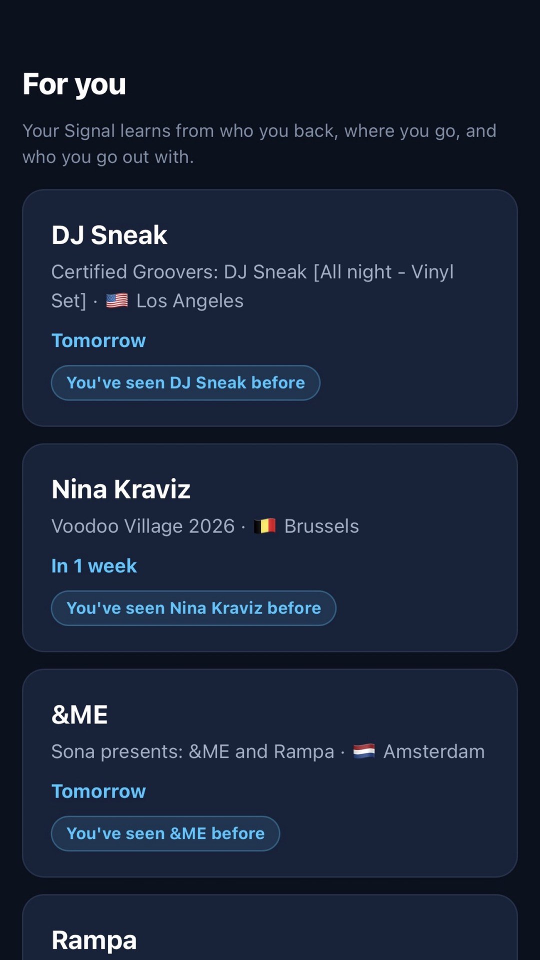 Suggested nights, each one stating the reason it is shown