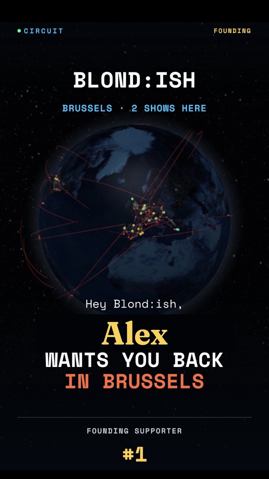 A founding supporter card ranked number one, asking an artist to come back to Brussels
